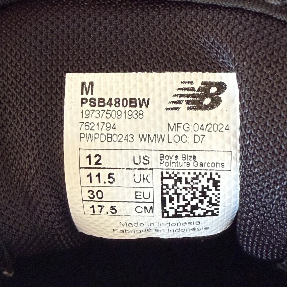 New Balance 480 Black White Kids Sneakers Size 12 PSB480BW
